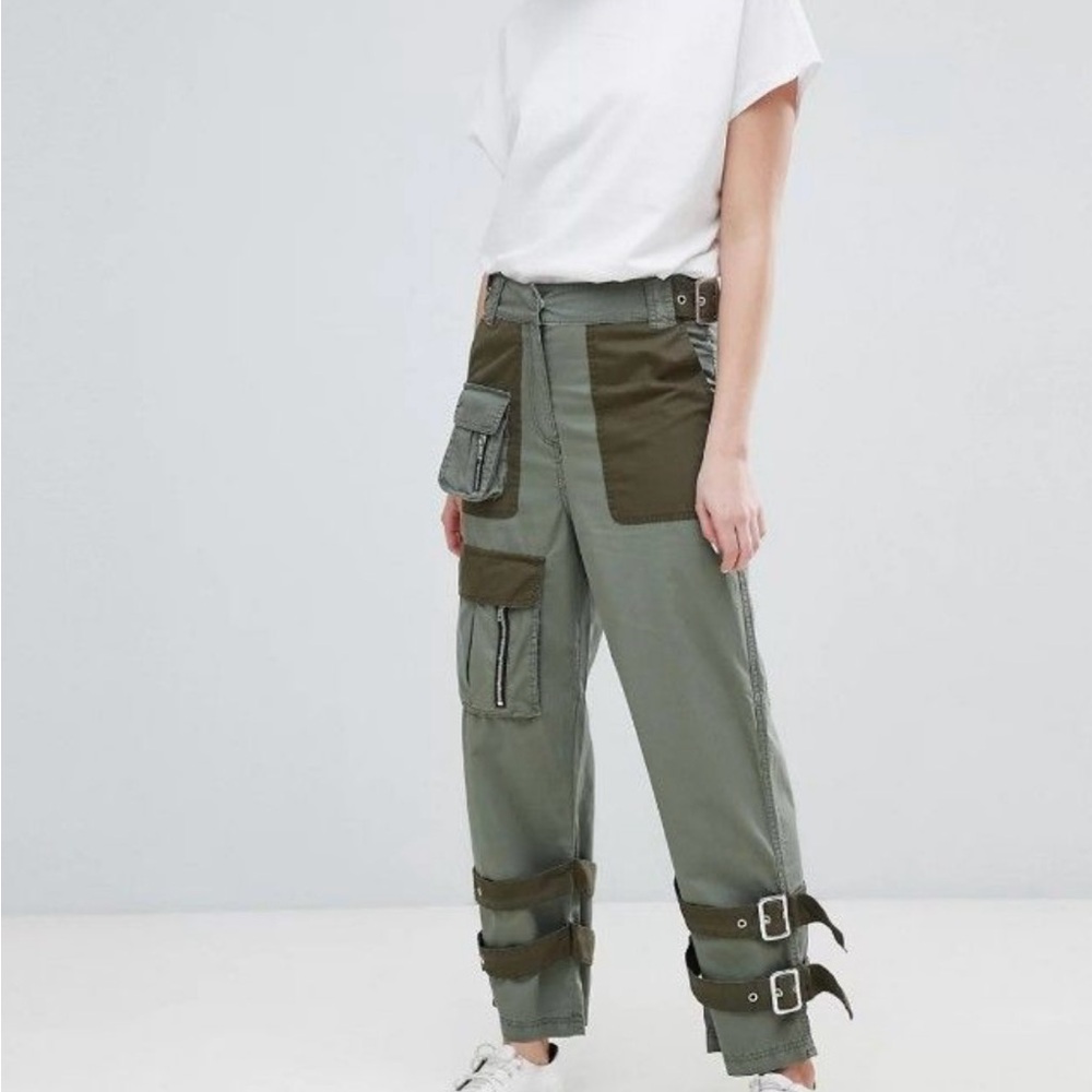 ASOS combat utility pants with ankle straps and zip detail in khaki green